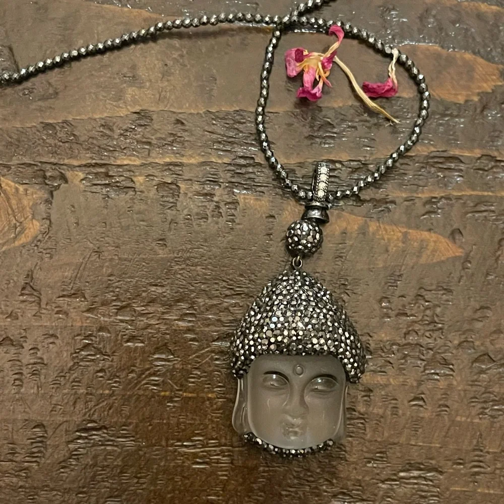 Glass Buddha pendant necklace with in pyrite/ Hematite beads. 32 inches long. - Picture 5 of 10